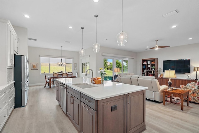 kitchen featuring light countertops, white cabinetry, visible vents, stainless steel appliances, and a sink