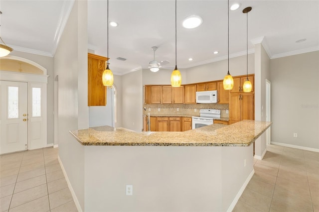 278 Matisse Ave, The Villages, FL 32162 - kitchen with white appliances, ornamental molding, and light tile patterned floors