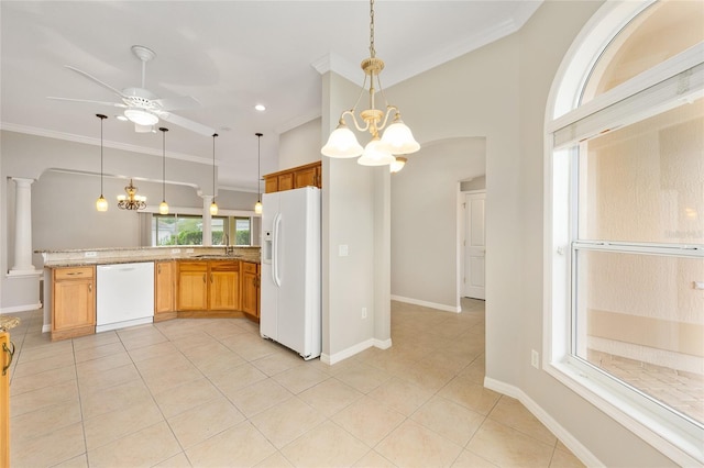 278 Matisse Ave, The Villages, FL 32162 - kitchen with ornamental molding, hanging light fixtures, white appliances, and light tile patterned flooring