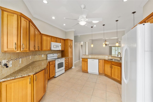 278 Matisse Ave, The Villages, FL 32162 - kitchen with light tile patterned floors, a sink, ceiling fan, white appliances, and decorative backsplash