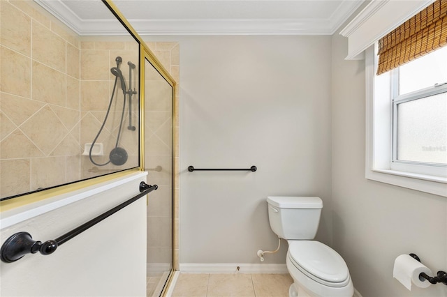 278 Matisse Ave, The Villages, FL 32162 - full bathroom with crown molding, a shower stall, toilet, tile patterned floors, and baseboards