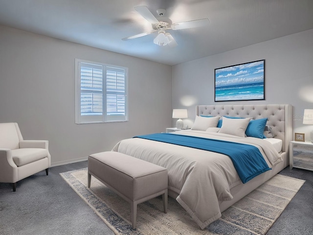 bedroom featuring carpet, a ceiling fan, and baseboards