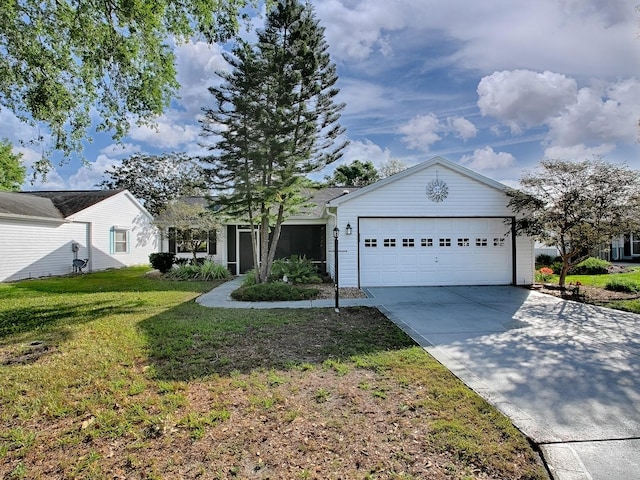ranch-style house featuring a garage, a front lawn, and concrete driveway