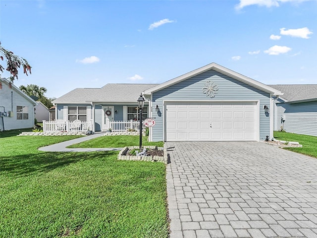 single story home with a porch, an attached garage, a front lawn, and decorative driveway