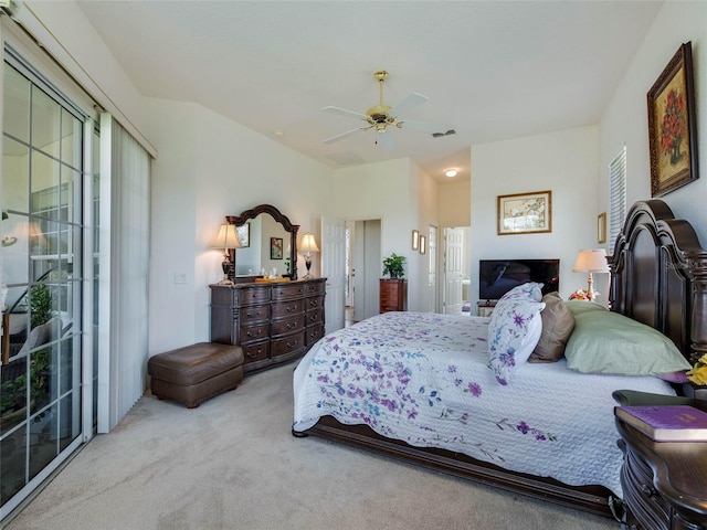 bedroom with access to exterior, visible vents, a ceiling fan, and carpet