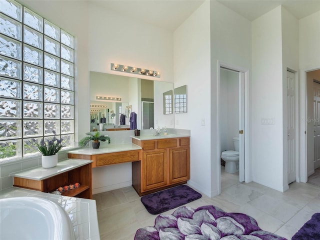 full bathroom featuring vanity, baseboards, a stall shower, toilet, and a garden tub