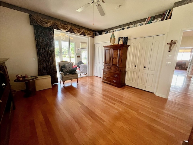 bedroom featuring light wood finished floors, two closets, access to outside, and a ceiling fan
