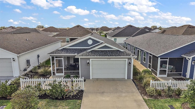 6248 Siverson Ter, The Villages, FL 32163 - view of front of property with a sunroom, a shingled roof, concrete driveway, a fenced front yard, and a residential view