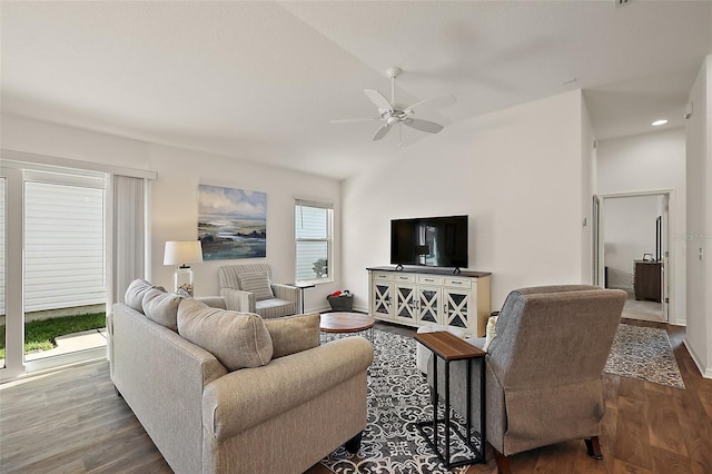 6248 Siverson Ter, The Villages, FL 32163 - living room with recessed lighting, a ceiling fan, wood finished floors, and vaulted ceiling