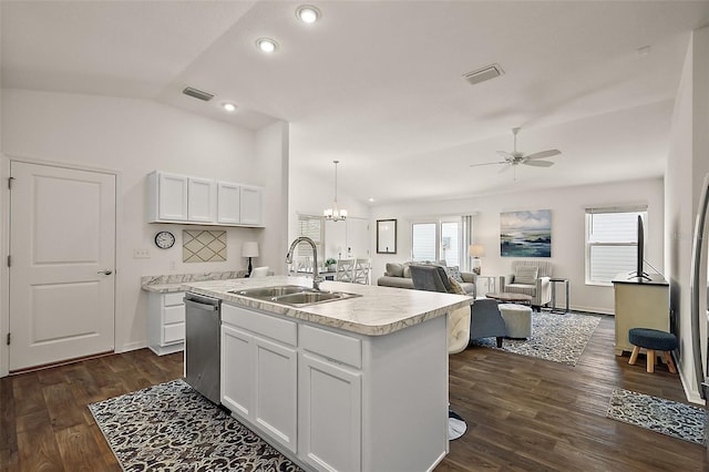 6248 Siverson Ter, The Villages, FL 32163 - kitchen featuring visible vents, stainless steel dishwasher, a sink, light countertops, and lofted ceiling