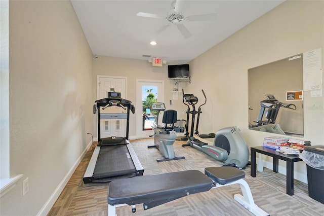 9081 Saint Andrews Way, Mount Dora, FL 32757 - exercise room with baseboards, a ceiling fan, recessed lighting, and light carpet
