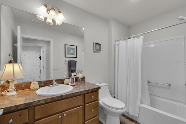 bathroom featuring shower / bath combination with curtain, vanity, visible vents, and toilet