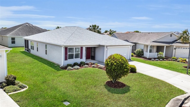 single story home featuring roof with shingles, an attached garage, a front lawn, and concrete driveway