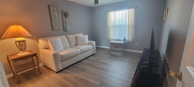 living room with wood finished floors, ceiling fan, and baseboards