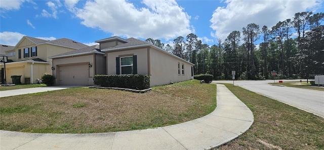 view of home's exterior featuring an attached garage, stucco siding, a lawn, and concrete driveway