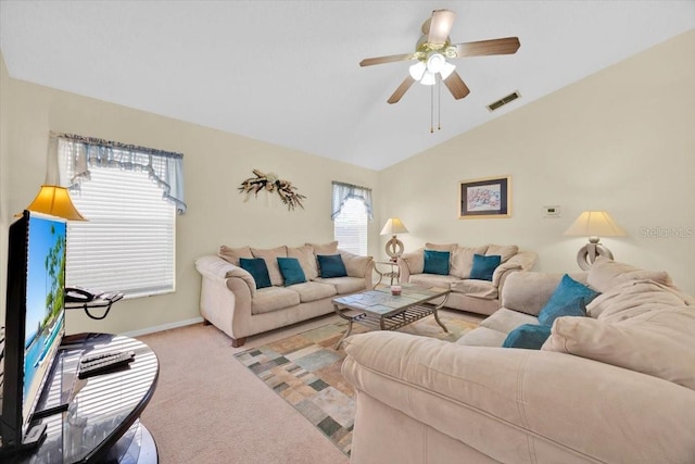 2855 Picadilly Cir, Kissimmee, FL 34747 - living room featuring carpet, lofted ceiling, and a ceiling fan