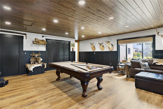 playroom featuring a wainscoted wall, billiards, wood finished floors, and wood ceiling