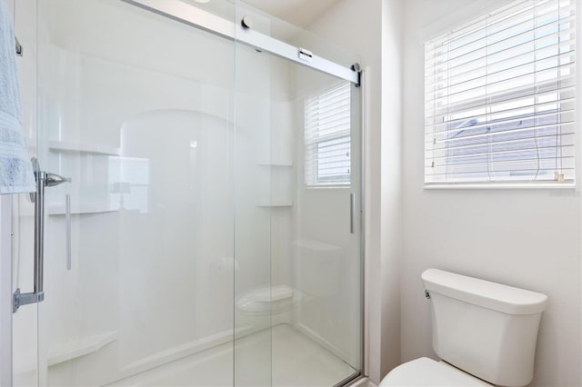 full bathroom with a shower stall and toilet