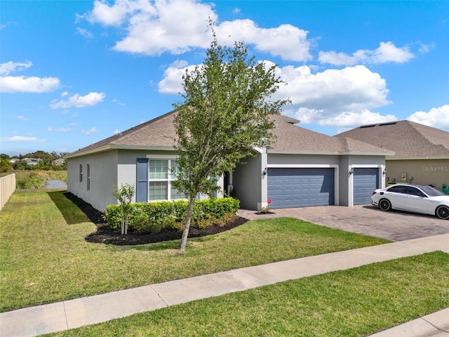 single story home with stucco siding, a front yard, an attached garage, a shingled roof, and driveway