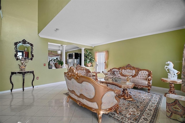54 Andora Ct, Kissimmee, FL 34758 - living area with decorative columns, light tile patterned floors, a textured ceiling, and ornamental molding