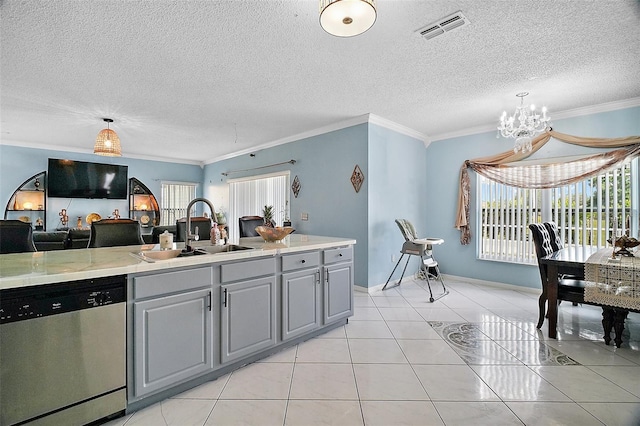54 Andora Ct, Kissimmee, FL 34758 - kitchen featuring stainless steel dishwasher, gray cabinetry, visible vents, and a sink