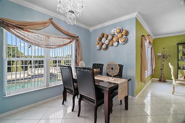 54 Andora Ct, Kissimmee, FL 34758 - dining area featuring a textured ceiling, light tile patterned flooring, crown molding, and an inviting chandelier