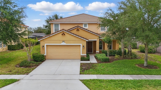 view of front of house featuring a front yard, a garage, a tile roof, stucco siding, and driveway