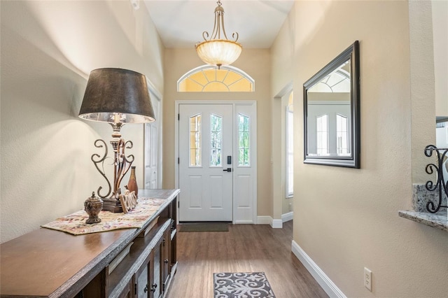 foyer entrance featuring baseboards and dark wood-style floors