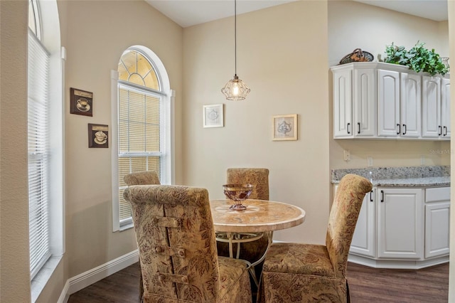 dining area with dark wood-type flooring, baseboards, a wealth of natural light, and indoor bar