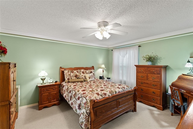 1526 Blueberry Way, The Villages, FL 32162 - bedroom featuring ornamental molding, ceiling fan, light carpet, and a textured ceiling