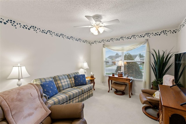 1526 Blueberry Way, The Villages, FL 32162 - carpeted living room with baseboards, a ceiling fan, and a textured ceiling