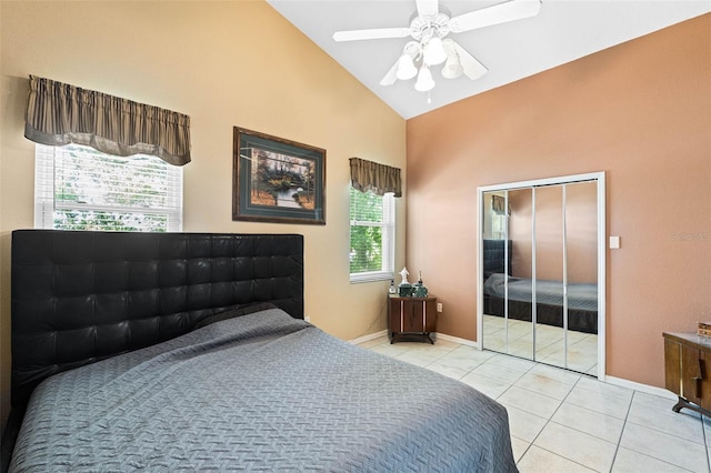 791 Wolf Creek St, Clermont, FL 34711 - bedroom with high vaulted ceiling, tile patterned flooring, and a ceiling fan