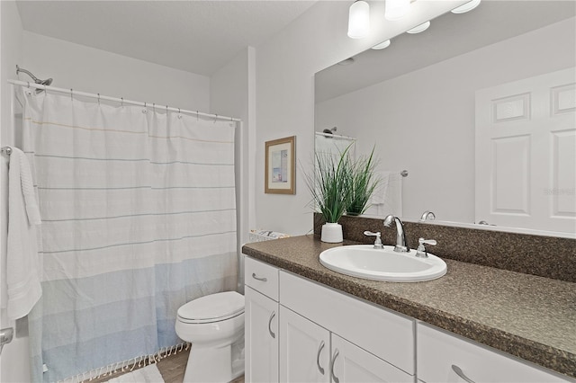 bathroom featuring toilet, wood finished floors, vanity, and a shower with curtain