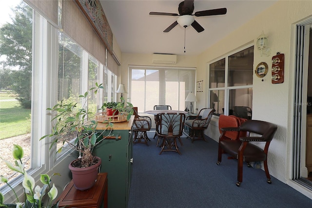 sunroom with carpet and an AC wall unit