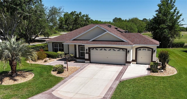 view of front facade featuring stucco siding, driveway, a front lawn, a garage, and a shingled roof