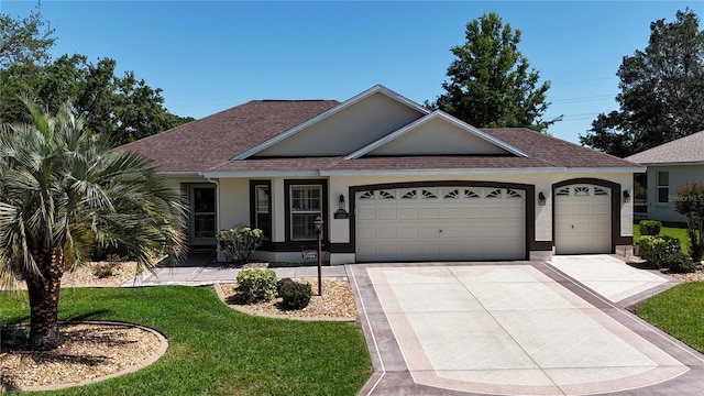view of front of property with concrete driveway, stucco siding, a front lawn, a garage, and a shingled roof