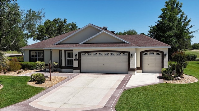 ranch-style house featuring a garage, stucco siding, a front lawn, a shingled roof, and driveway