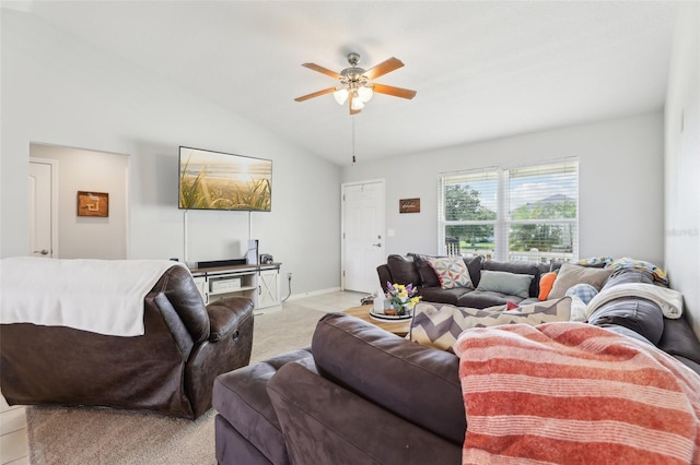 3329 Boyd Cir, Oxford, FL 34484 - living room featuring a ceiling fan, vaulted ceiling, and light colored carpet