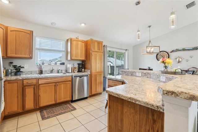 3329 Boyd Cir, Oxford, FL 34484 - kitchen featuring stainless steel dishwasher, a sink, hanging light fixtures, a chandelier, and light tile patterned floors