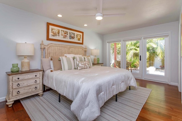 bedroom featuring access to exterior, wood finished floors, recessed lighting, and a ceiling fan