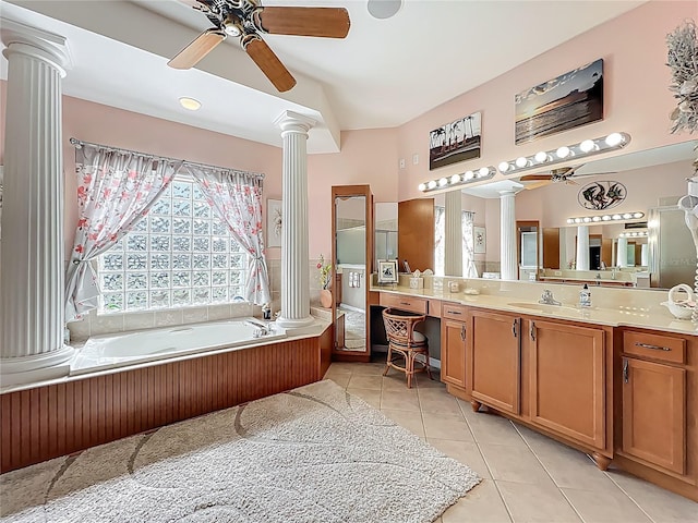 25523 Maurepas Ln, Leesburg, FL 34748 - bathroom featuring a bath, decorative columns, a ceiling fan, and tile patterned flooring