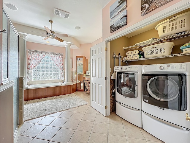 25523 Maurepas Ln, Leesburg, FL 34748 - washroom with light tile patterned flooring, visible vents, ornate columns, laundry area, and ceiling fan