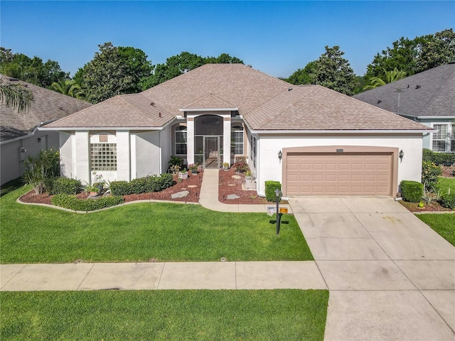 25523 Maurepas Ln, Leesburg, FL 34748 - ranch-style house featuring a front yard, a garage, and stucco siding