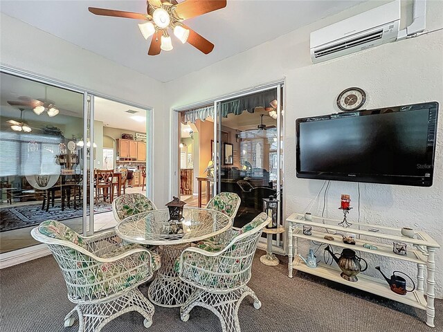 25523 Maurepas Ln, Leesburg, FL 34748 - dining room featuring a wall unit AC, a textured wall, a ceiling fan, and carpet floors