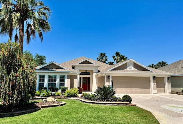 1985 Abordale Ln, The Villages, FL 32162 - ranch-style home with concrete driveway, roof with shingles, stucco siding, an attached garage, and a front lawn