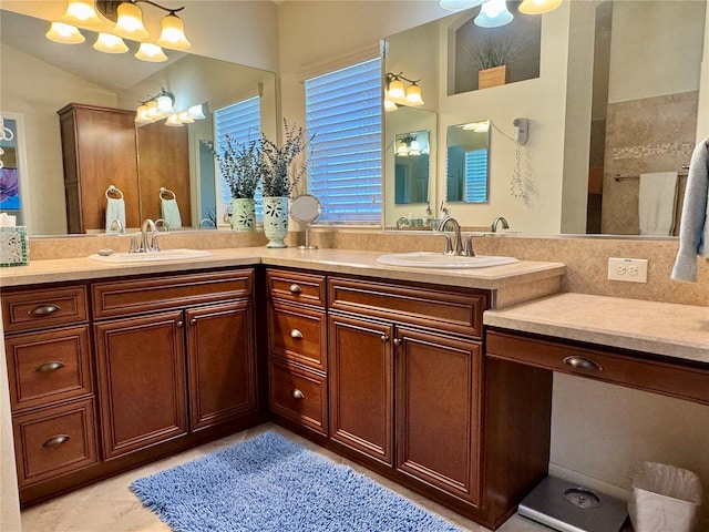 1985 Abordale Ln, The Villages, FL 32162 - bathroom featuring a sink, double vanity, and vaulted ceiling