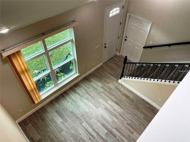 foyer with baseboards, plenty of natural light, and wood finished floors