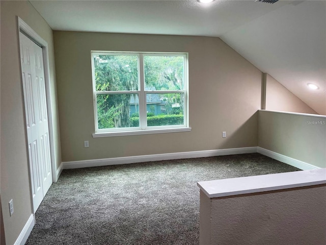 additional living space with a healthy amount of sunlight, carpet flooring, baseboards, and lofted ceiling