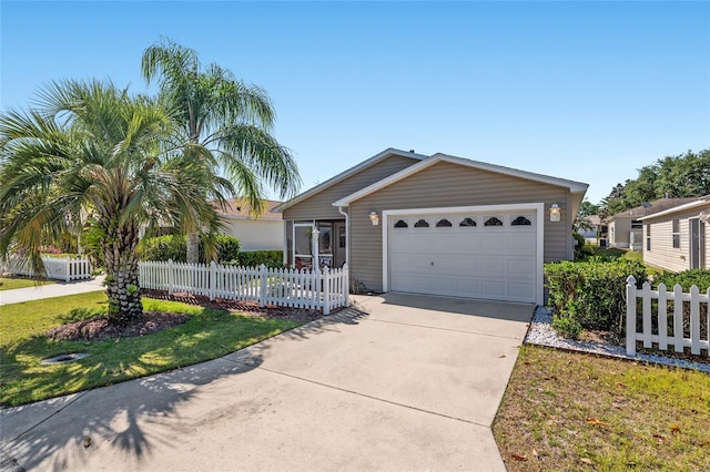 single story home with a front yard, driveway, an attached garage, and fence