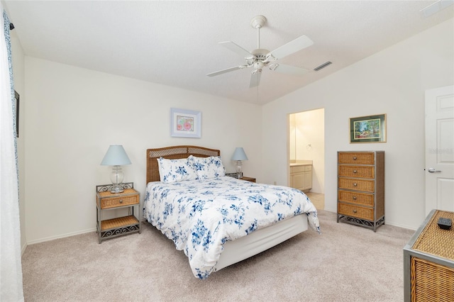 bedroom with lofted ceiling, visible vents, a ceiling fan, and light carpet